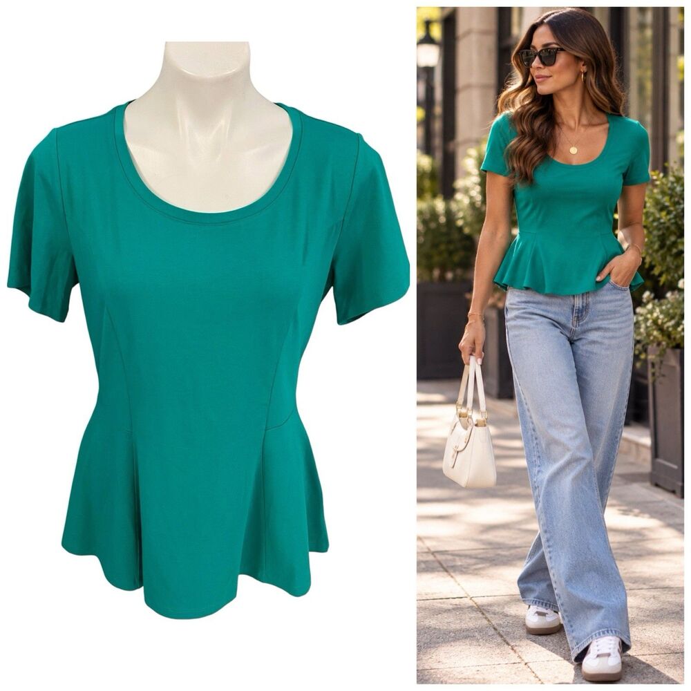 Isaac Mizrahi Top Womens M Green Stretch Knit Peplum Cotton Modal Career Shirt